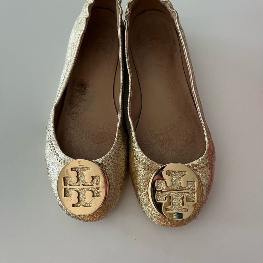 Tory Burch Gold Flats with Signature Medallion